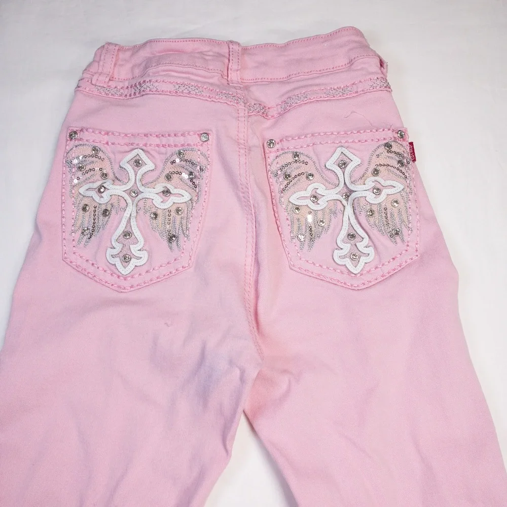 Love You Pink Y2K Wing Cross Sequin Rhinestone Flare Jeans Size 1/2 VVA08